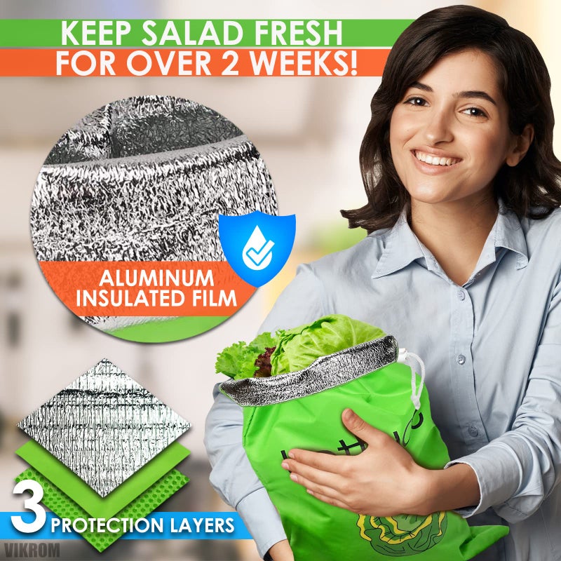 VIKROM Lettuce Keeper for Refrigerator â€“ 3-Layer Reusable Produce Storage Bags with Foil Lining and Drawstring | Breathable, Washable, Sturdy & Easy to Use | Great for Lettuce, Leafy Greens, Fruits & Veggies - Image 4